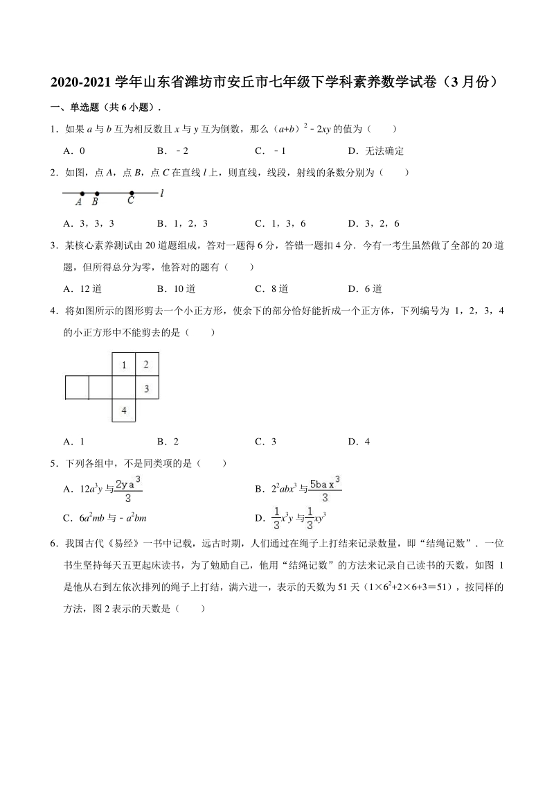 2021年3月山东省潍坊市安丘市七年级下学科素养数学试卷（含答案）_第1页