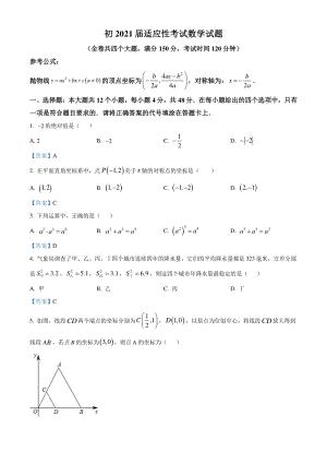 2021年重庆市九龙坡区九年级适应性考试数学试题（含答案）