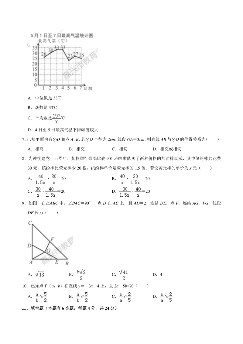 2021年浙江省嘉兴市中考数学试卷（含答案）_第2页