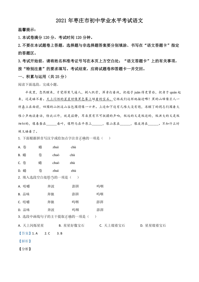 山东省枣庄市2021年中考语文试题（解析版）_第1页