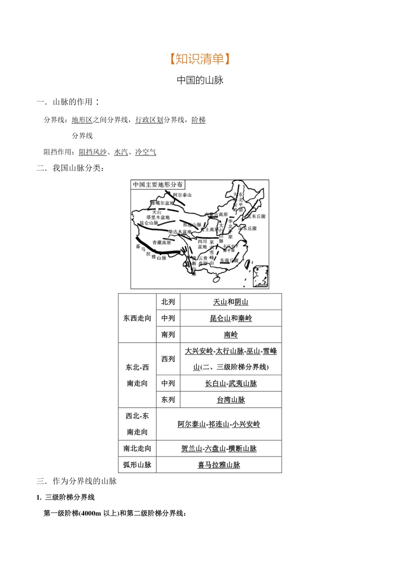 专题03 中国的山脉（清单）-2021年中考地理总复习知识清单填空与精练_第1页