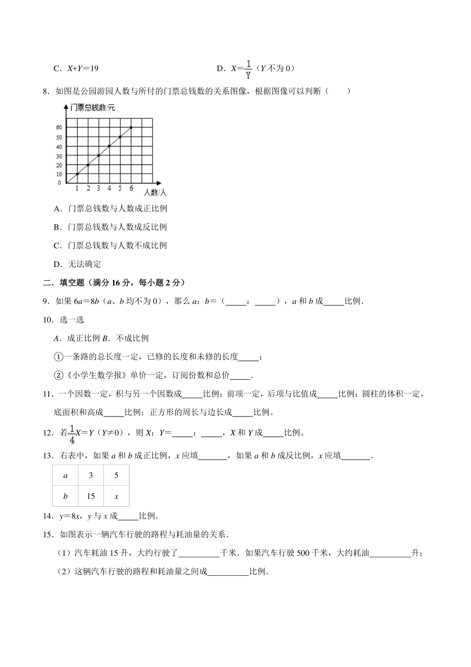2021年苏教版六年级数学下册《第六单元正比例和反比例》单元测试A卷（含答案）_第2页