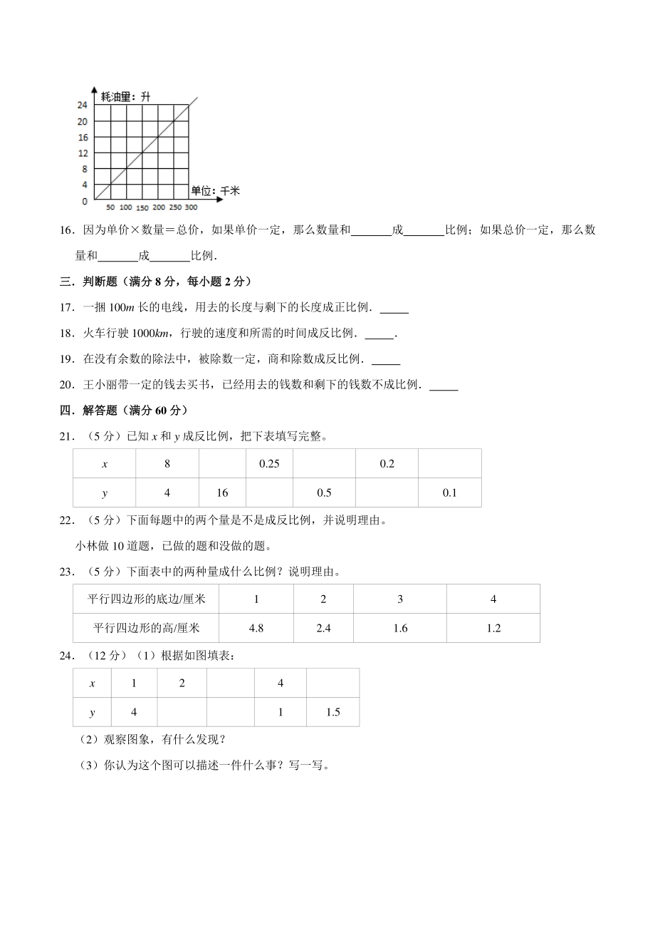 2021年苏教版六年级数学下册《第六单元正比例和反比例》单元测试A卷（含答案）_第3页