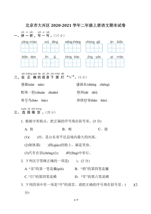 北京市大兴区2020-2021学年二年级上册语文期末试卷（含答案）