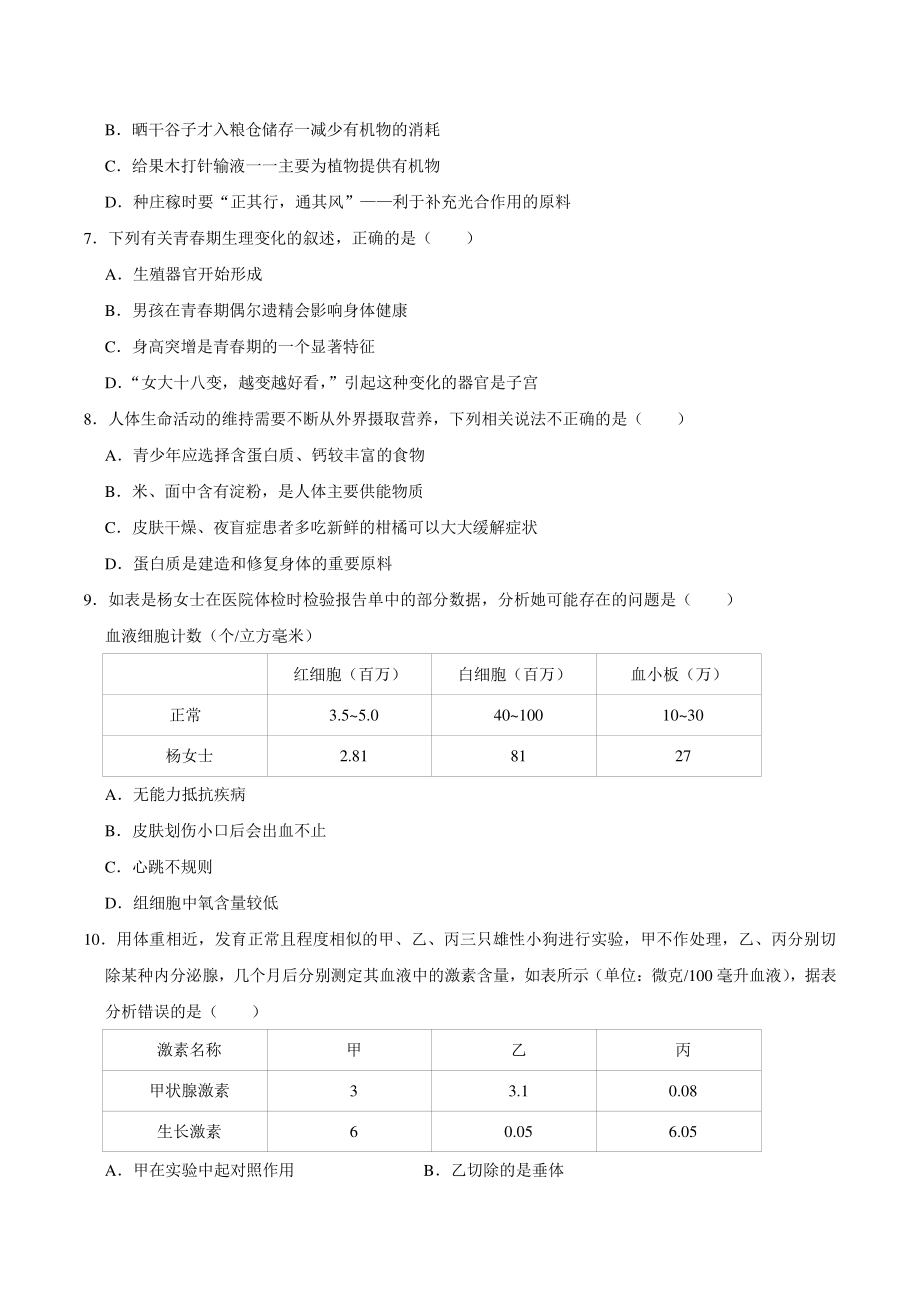 2021年湖南省湘潭市中考生物真题 （含答案）_第2页