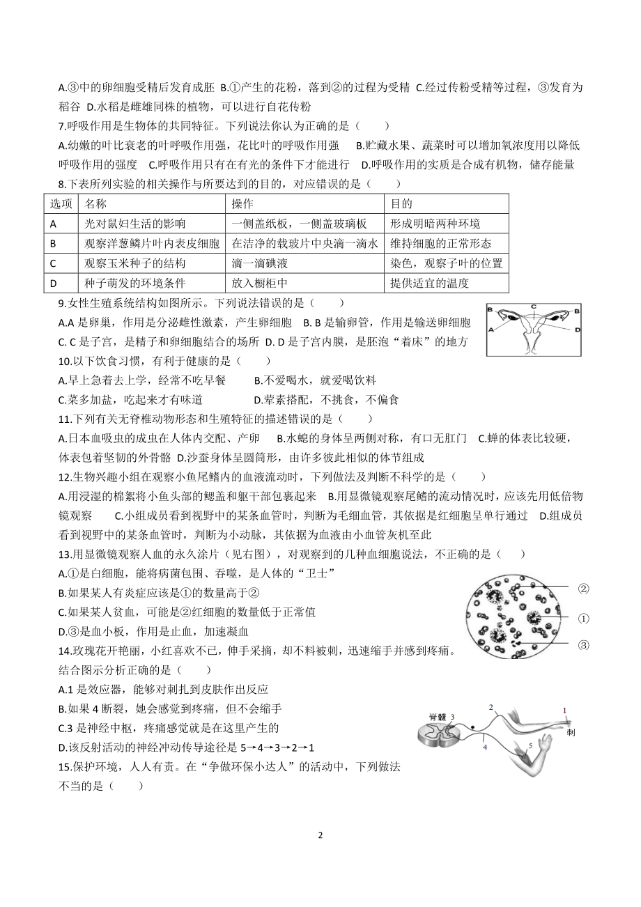 2021年湖南省娄底市初中毕业学业考试生物试题卷（含答案）_第2页