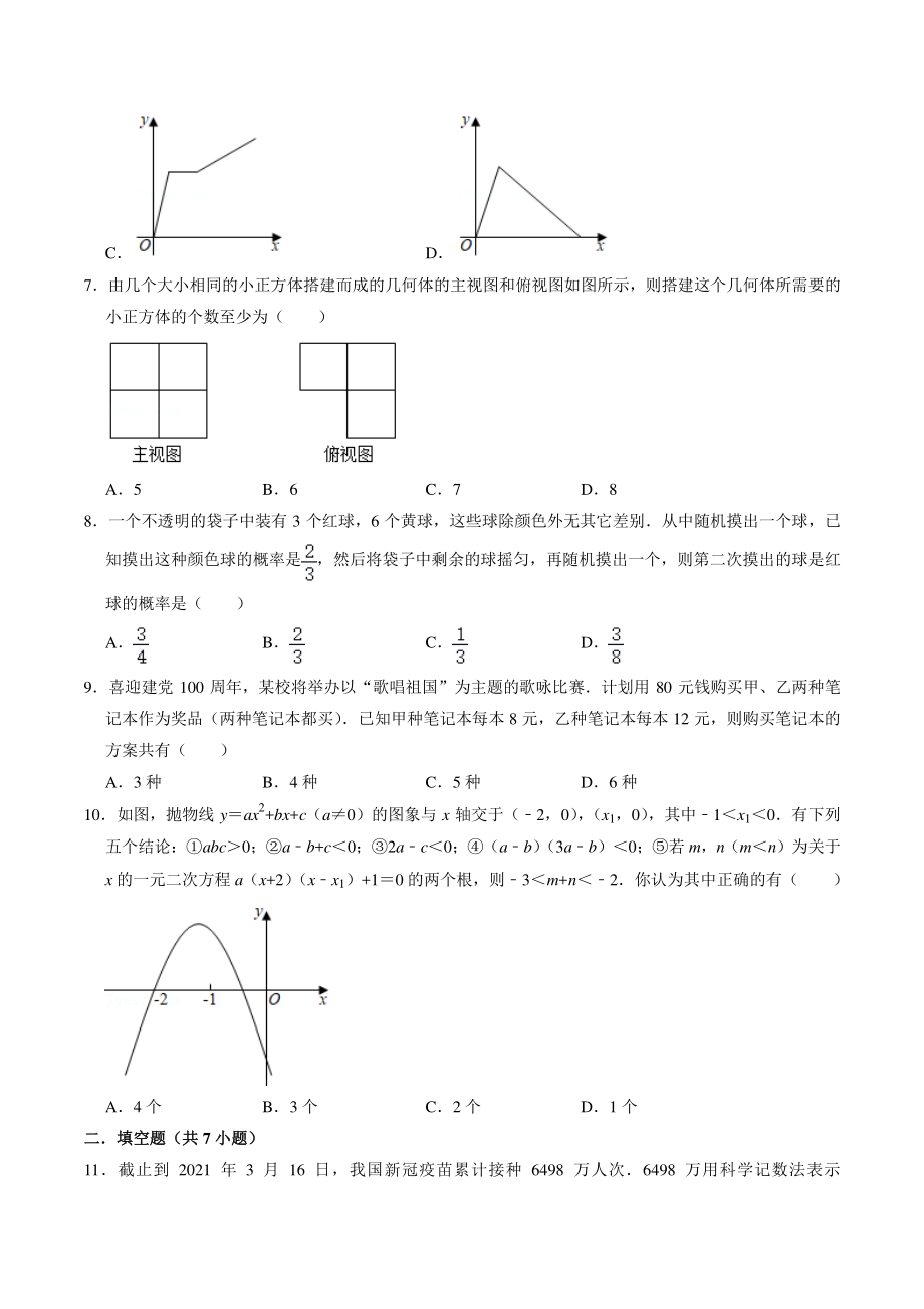 2021年黑龙江省齐齐哈尔克东县中考数学二模试卷（含答案解析）_第2页