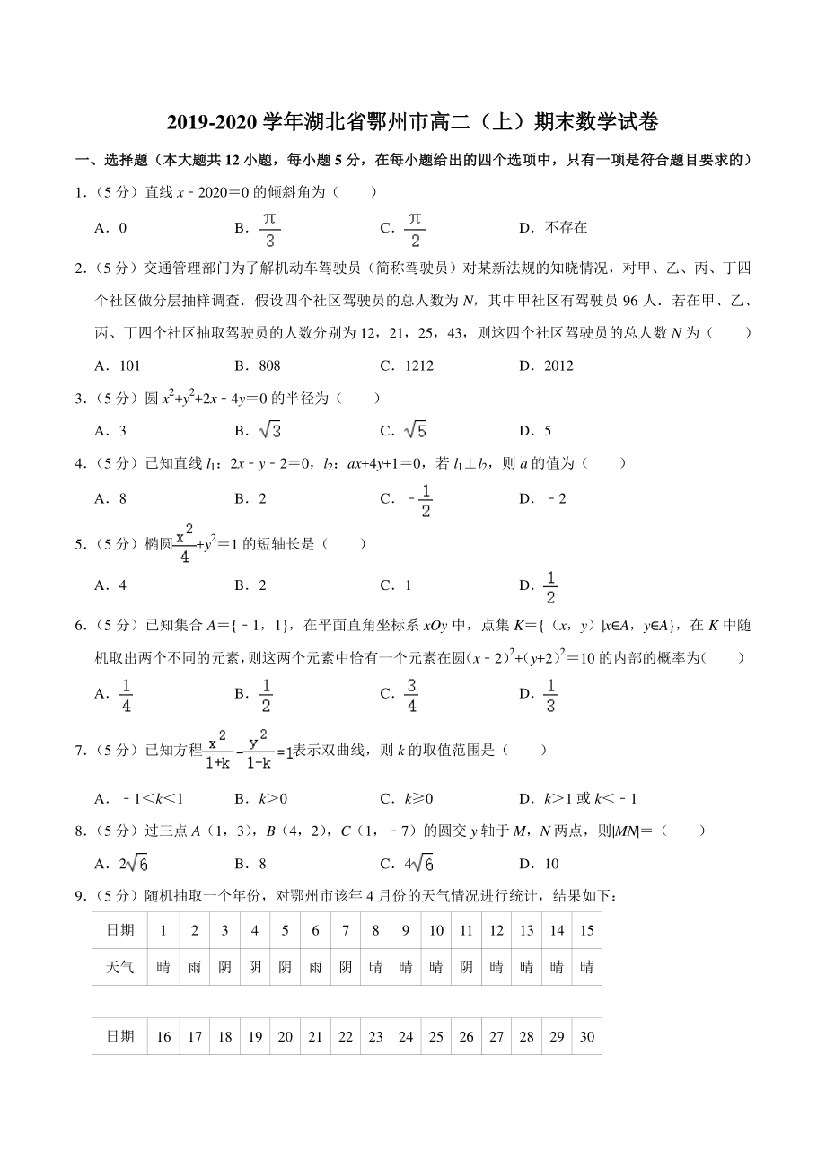2019-2020学年湖北省鄂州市高二（上）期末数学试卷（含答案解析）_第1页