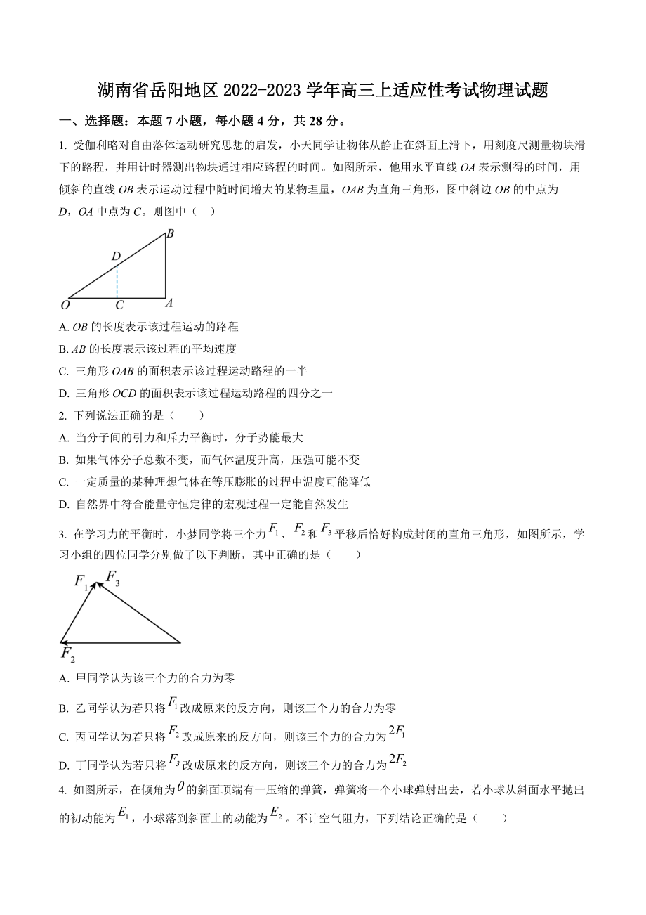 湖南省岳阳地区2022-2023学年高三上适应性考试物理试卷（含答案解析）_第1页