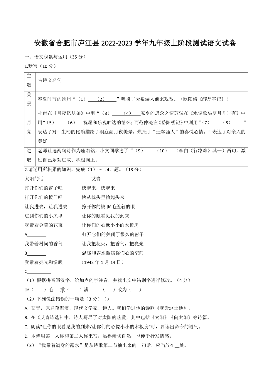 安徽省合肥市庐江县2022-2023学年九年级上阶段测试语文试卷（含答案）_第1页