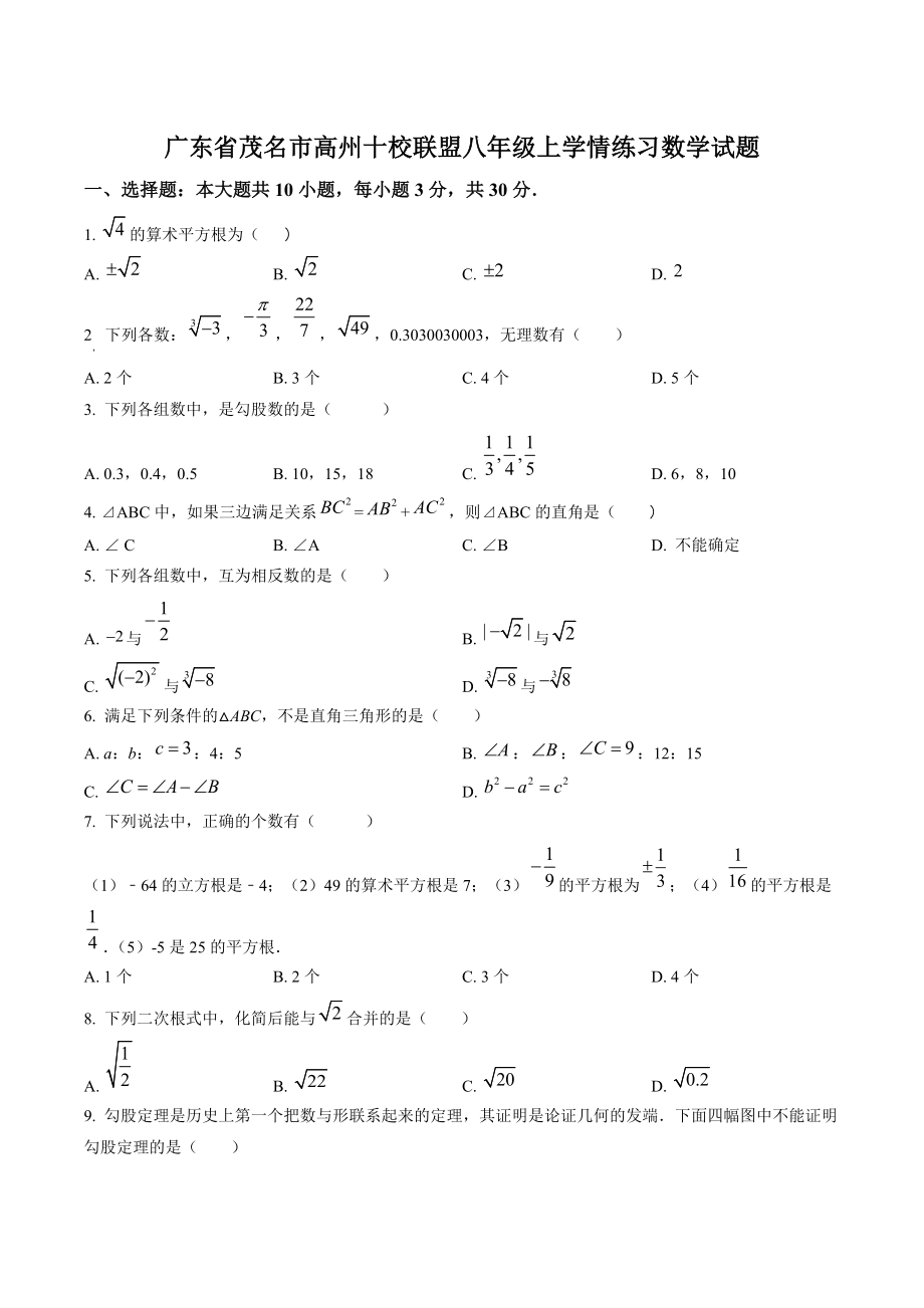 广东省茂名市高州十校联盟2022-2023学年八年级上学情练习数学试卷（含答案解析）_第1页
