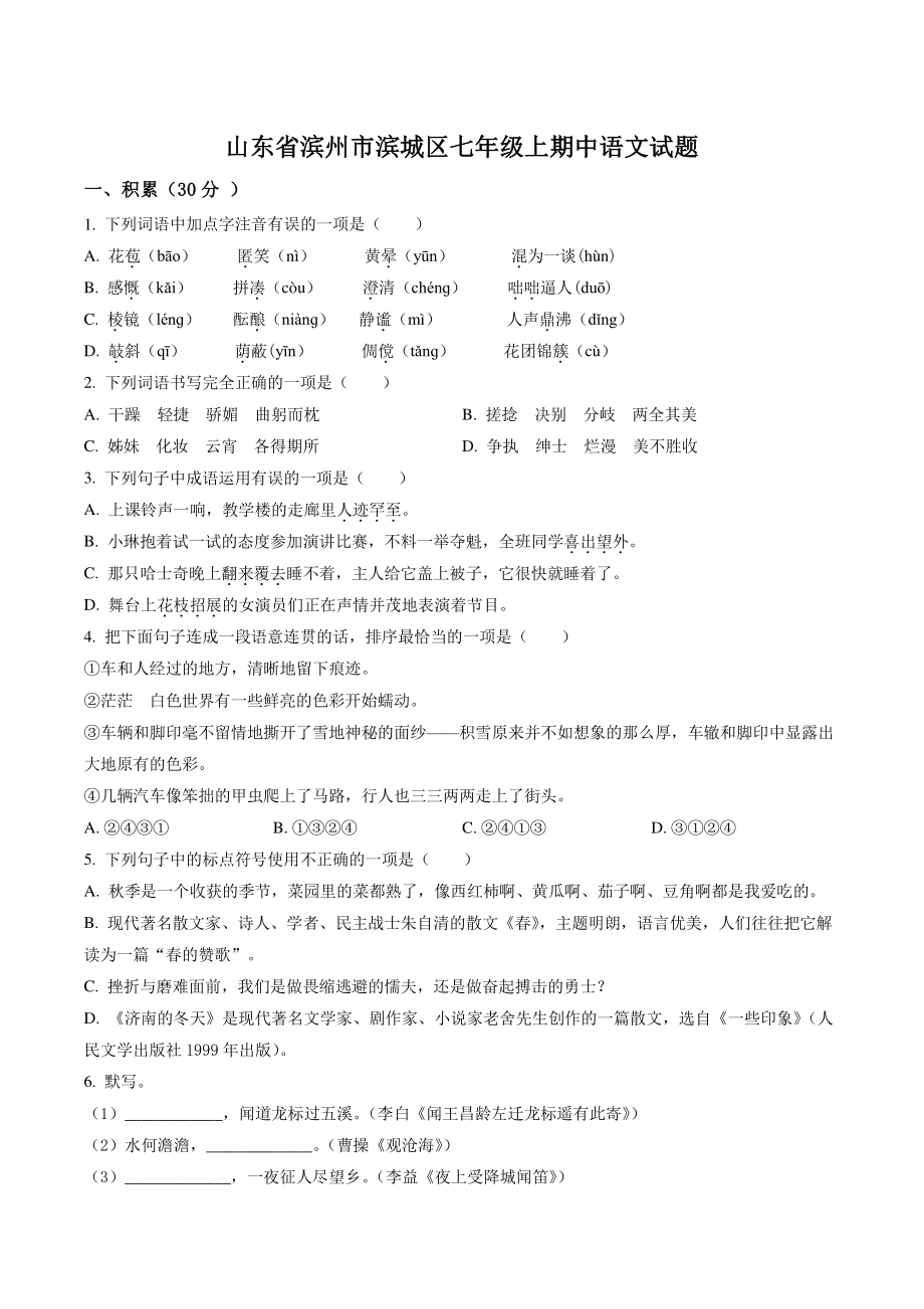 山东省滨州市滨城区2021-2022学年七年级上期中语文试卷（含答案解析）_第1页