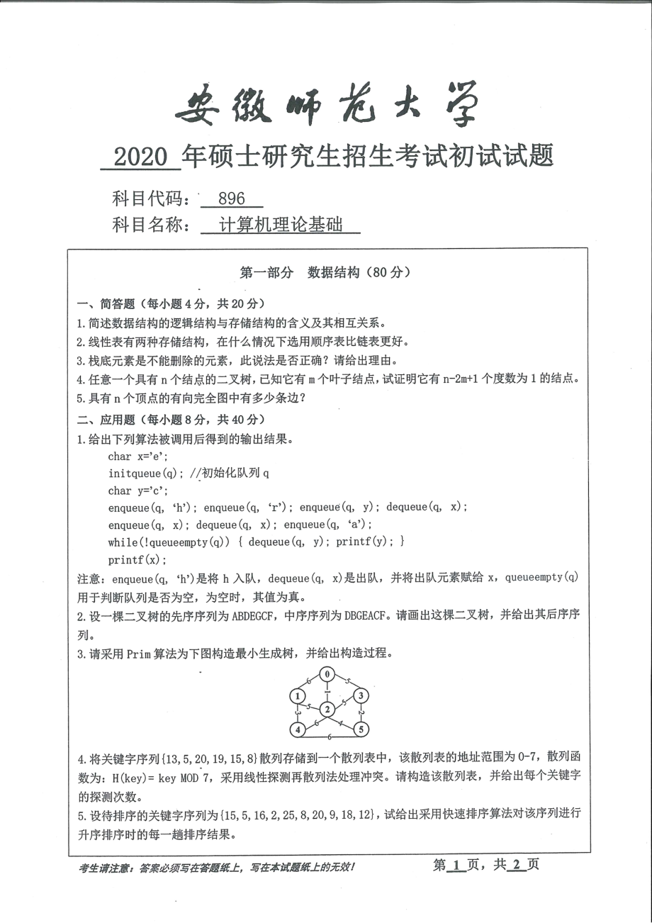 2020年安徽师范大学硕士研究生（考研）初试试题896计算机理论基础_第1页