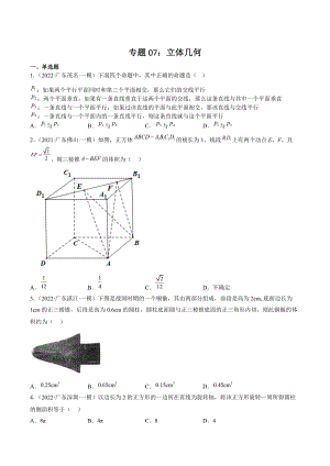 2022届广东省高三数学一轮复习专题07：立体几何（含答案）