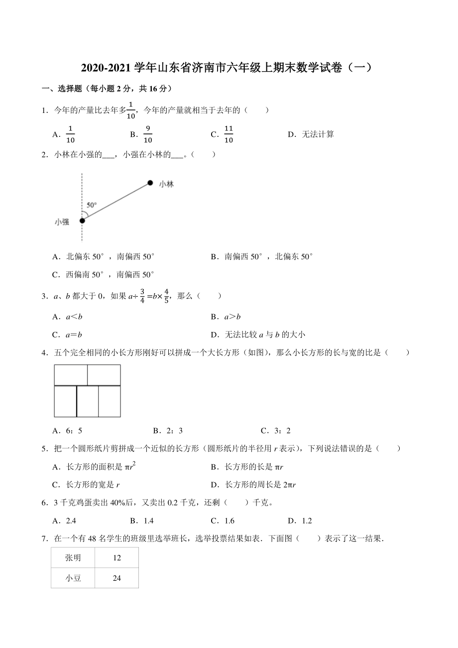2020-2021学年山东省济南市六年级上期末数学试卷（一）_第1页