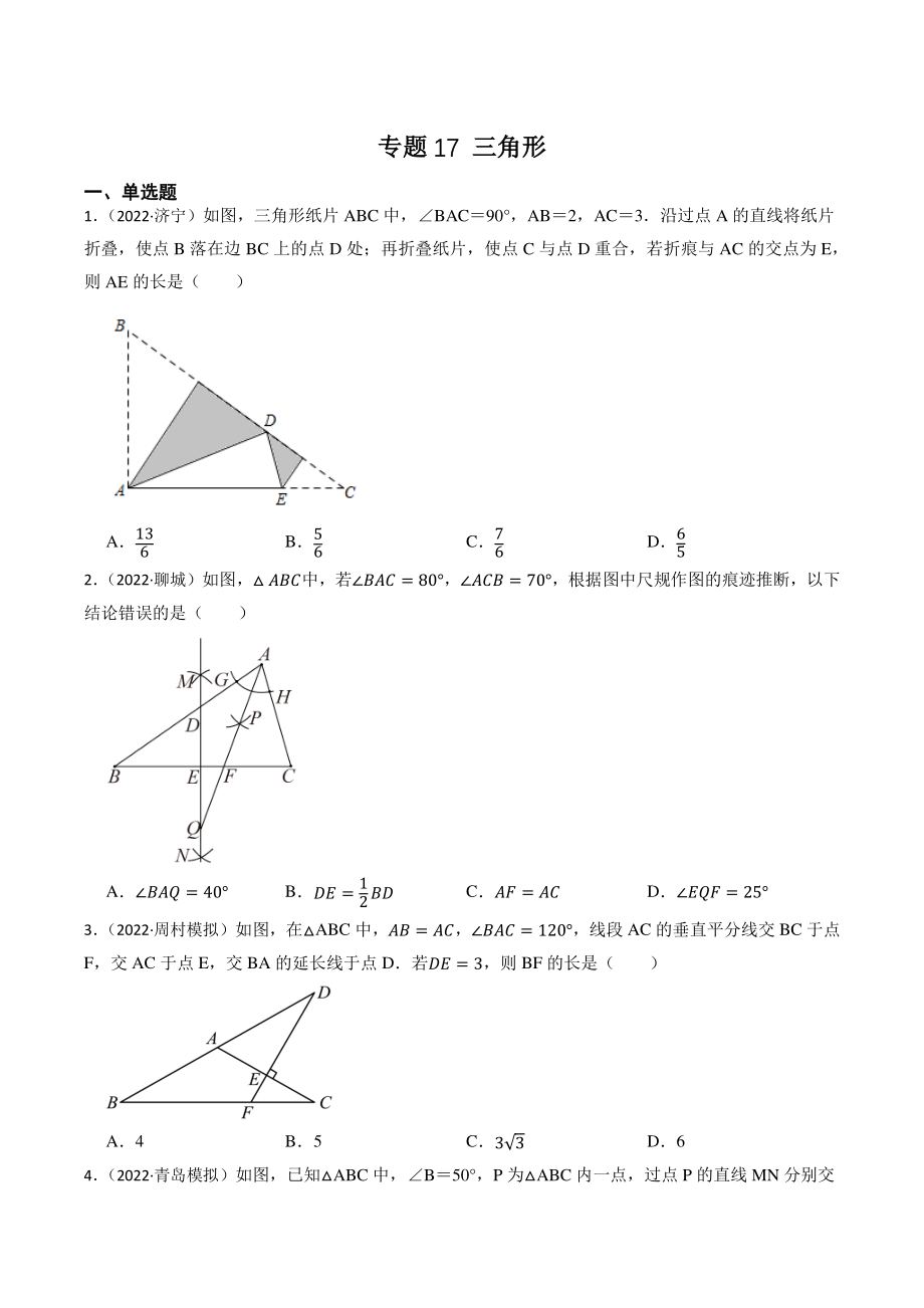 专题17 三角形（含答案解析）2023年山东省中考数学一轮复习专题训练_第1页
