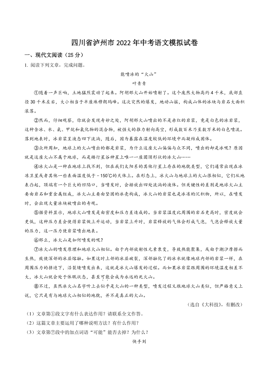 2022年四川省泸州市中考模拟语文试卷（含答案解析）_第1页