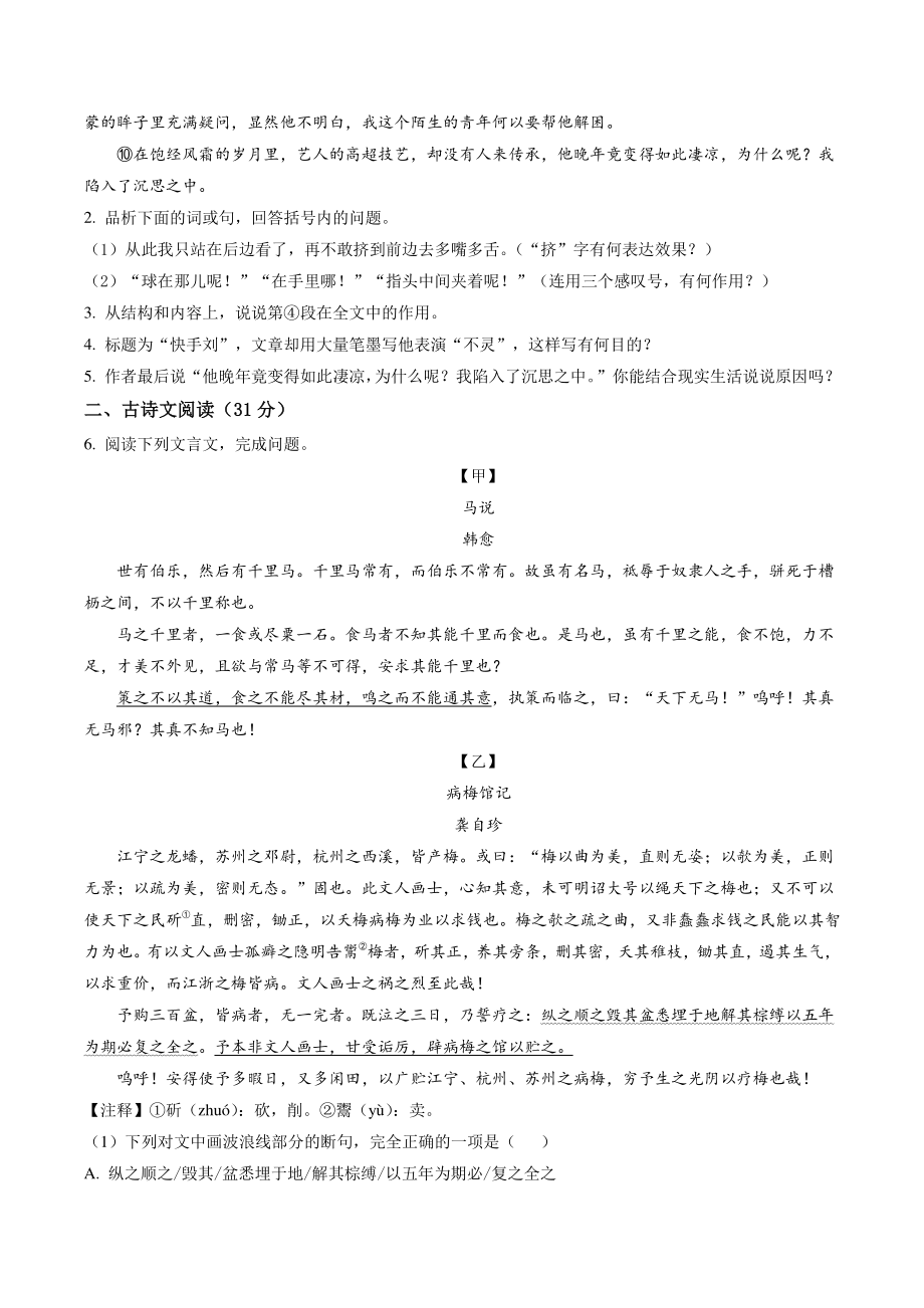 2022年四川省泸州市中考模拟语文试卷（含答案解析）_第3页