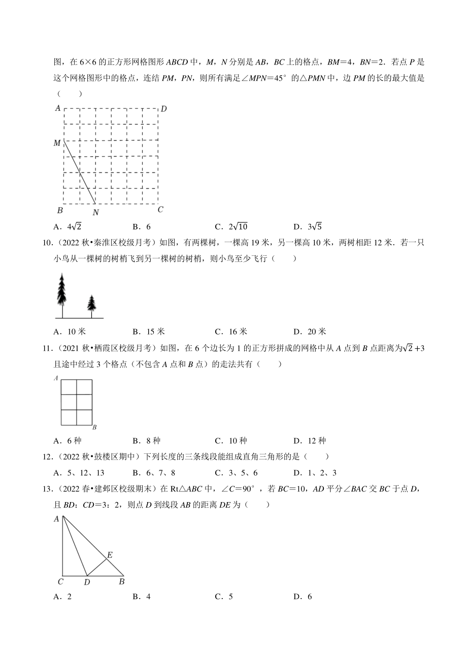 第3章《勾股定理》选择题专题练习（含答案解析）2022-2023学年江苏省南京市八年级数学上册_第2页