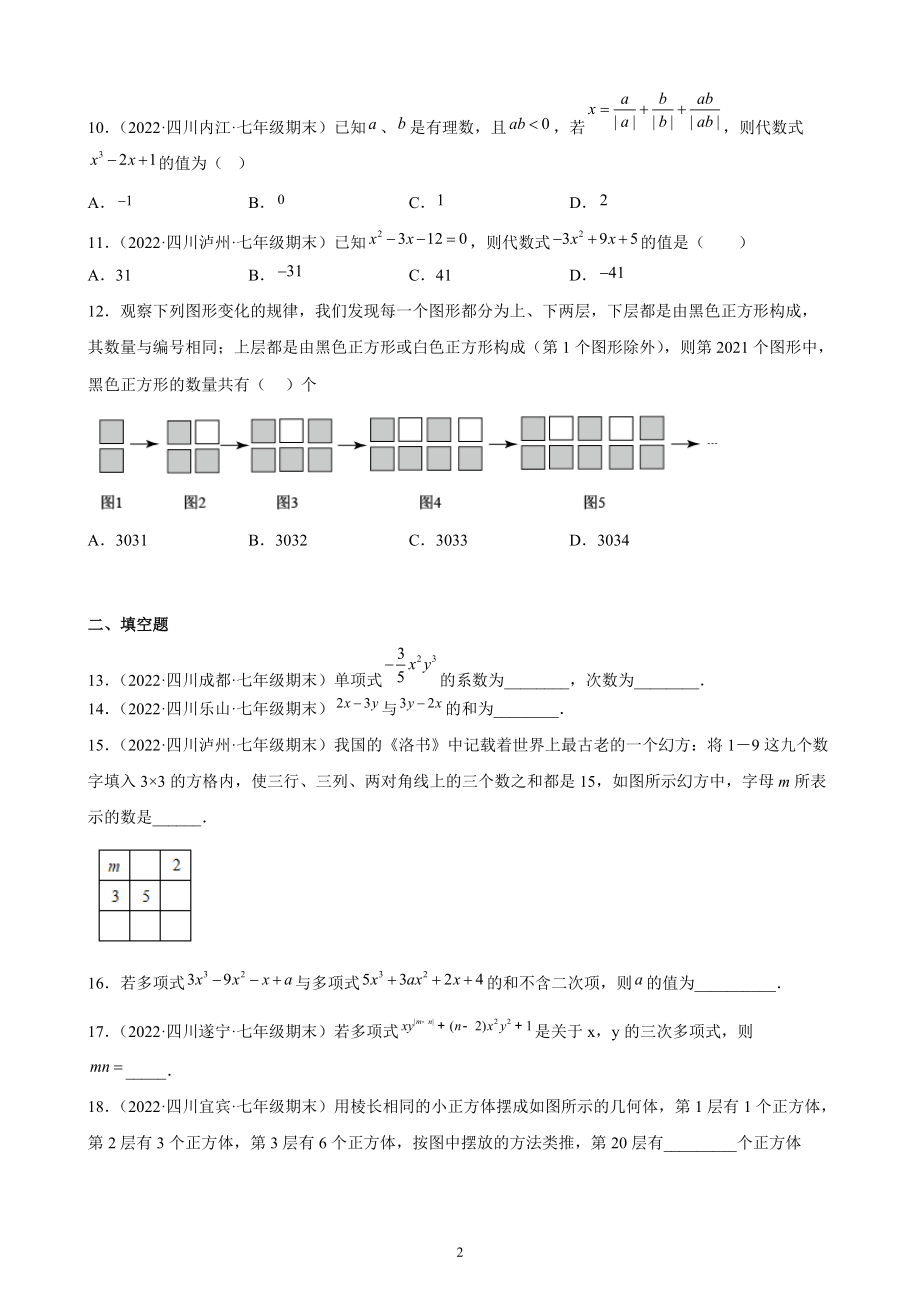 第二章整式的加减 期末复习试卷（含答案）2022年四川省各地七年级数学上册_第2页