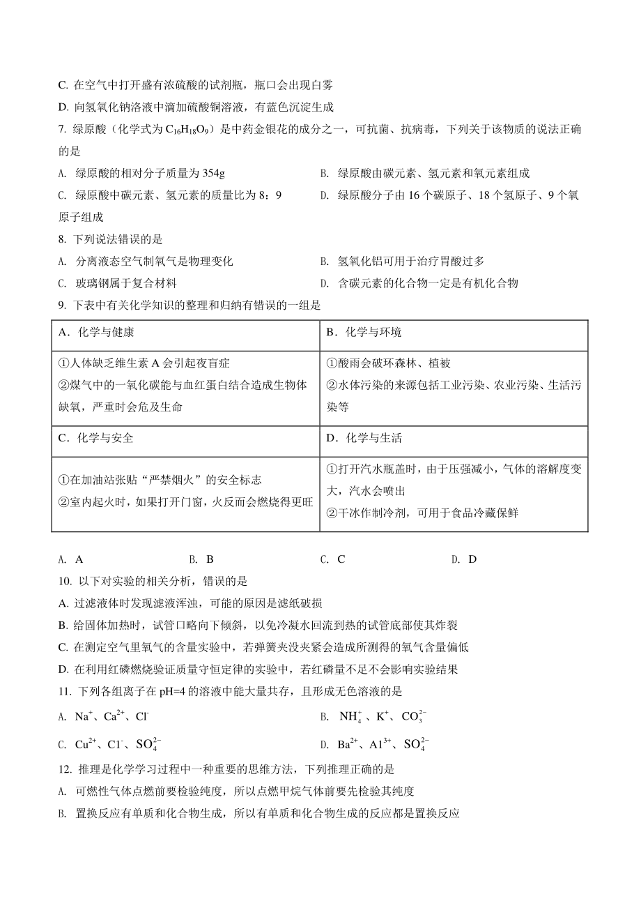 2022年黑龙江省齐齐哈尔市中考化学试卷（含答案解析）_第2页