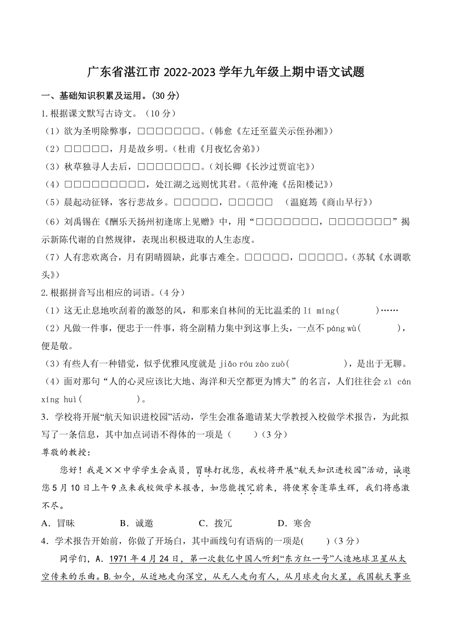 广东省湛江市2022-2023学年九年级上期中语文试卷（含答案）_第1页