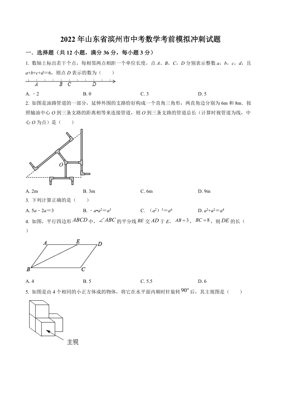 2022年山东省滨州市中考数学考前模拟冲刺试卷（含答案解析）_第1页