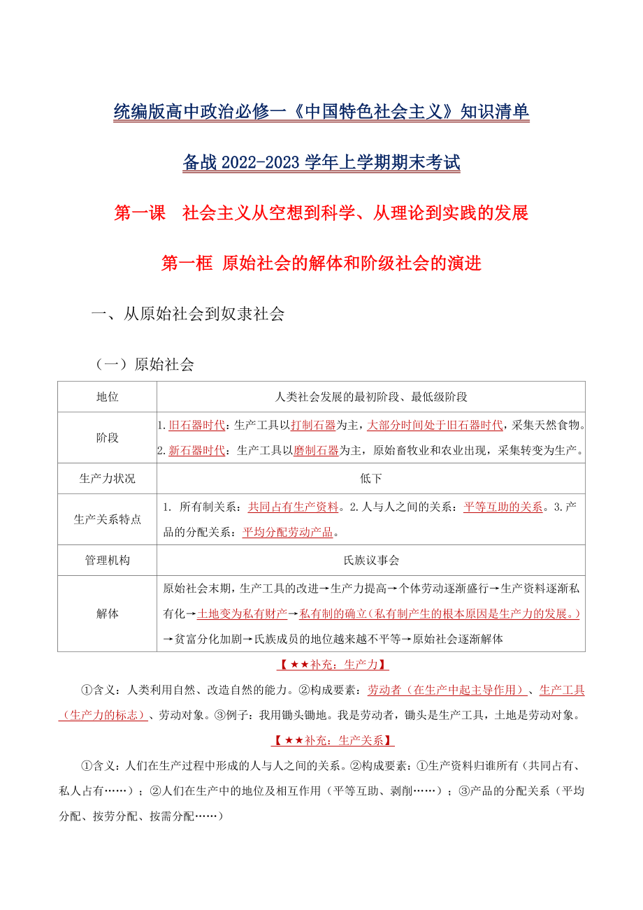 2022-2023学年高中政治统编版必修一《中国特色社会主义》全册知识清单_第1页