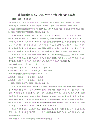 北京市通州区2022-2023学年七年级上期末语文试卷（含答案解析）