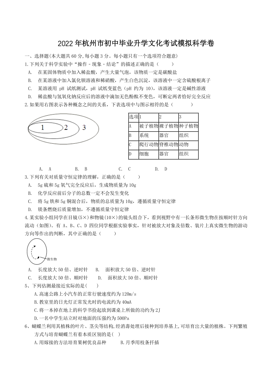 2022年杭州市初中毕业升学文化考试模拟科学试卷（含答案解析）_第1页