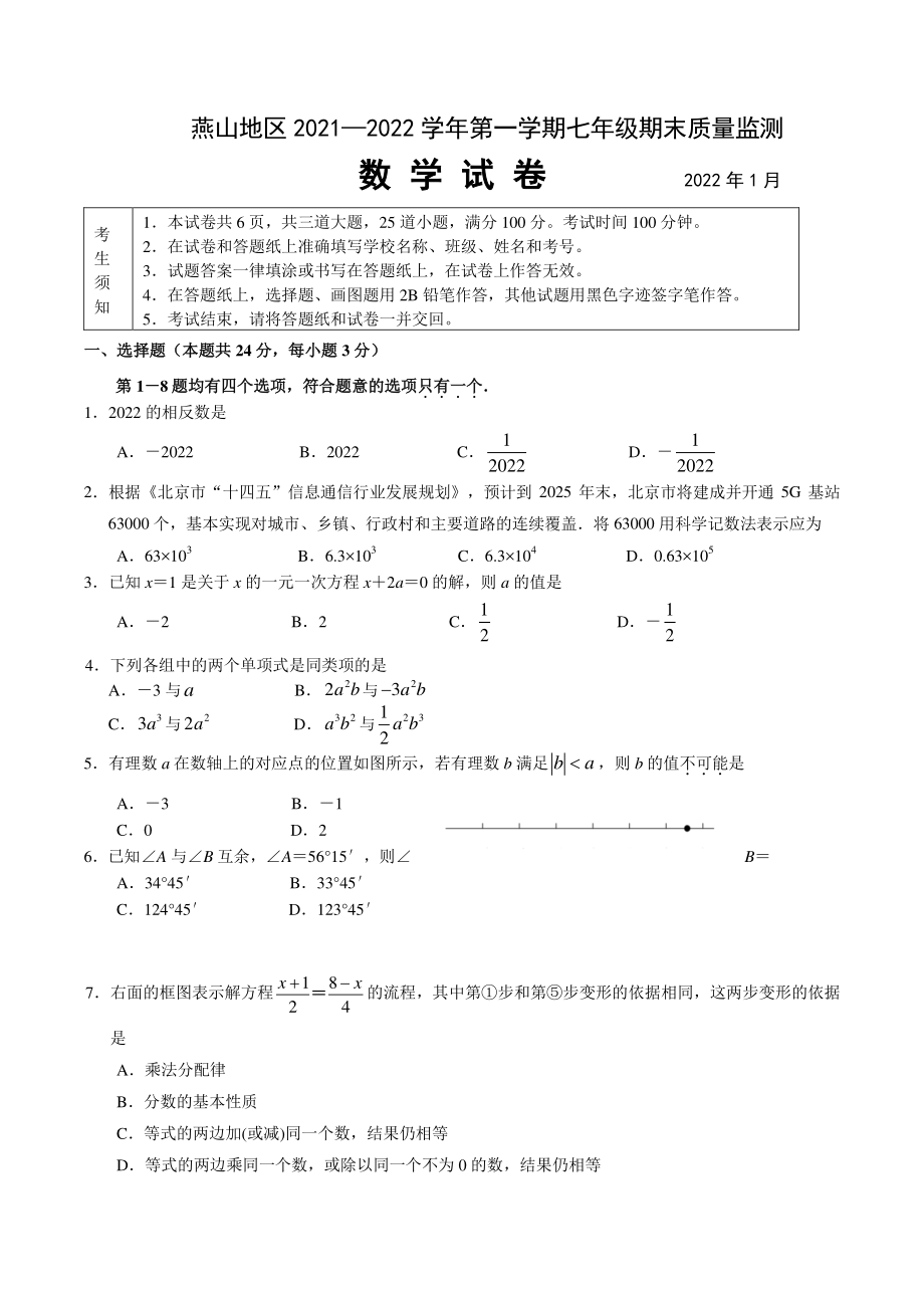 北京市燕山区2021—2022学年度七年级上期末数学试卷（含答案）_第1页