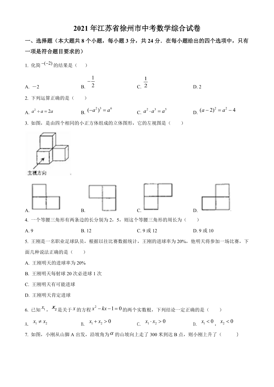 2021年江苏省徐州市中考数学综合模拟试题（含答案解析）_第1页