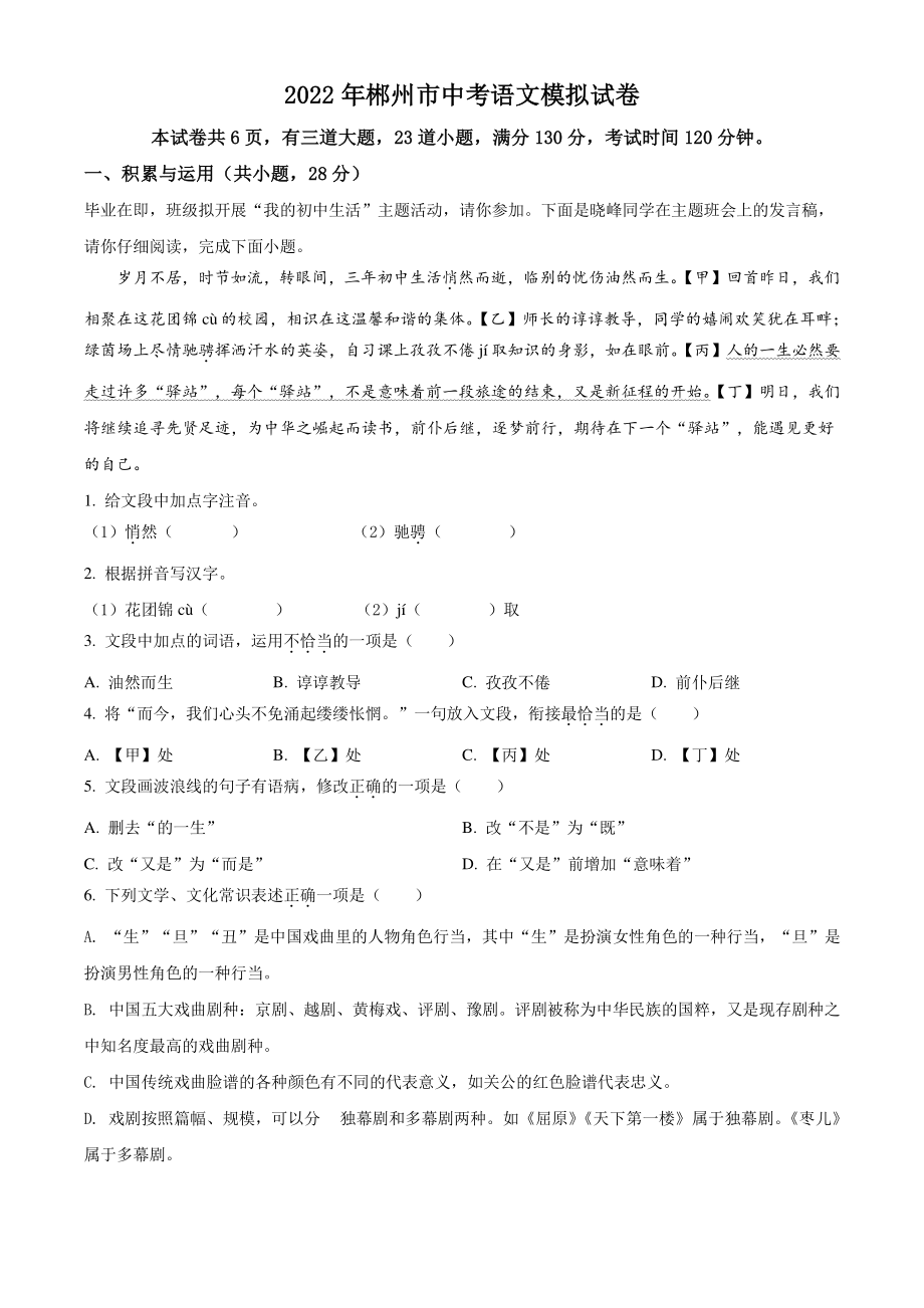 2022年湖南省郴州市中考模拟语文试题（含答案）_第1页