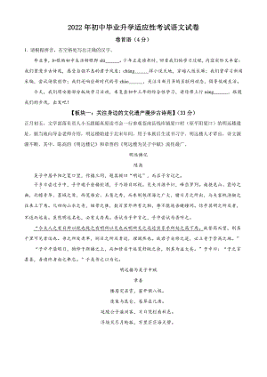 2022年浙江省温州市永嘉县中考模拟语文试题（含答案解析）