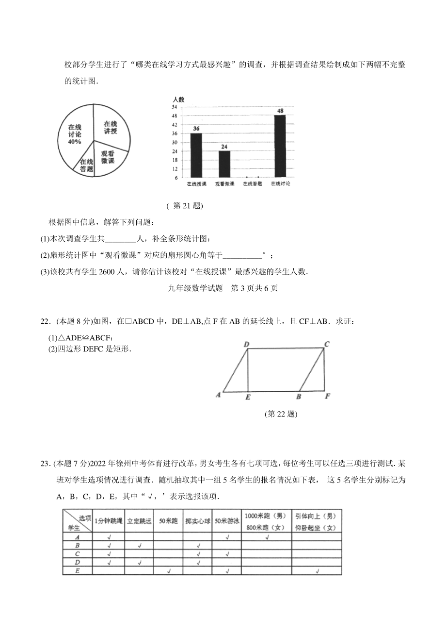 江苏省徐州市部分学校2022年中考第一次模拟考试数学试题（含答案）_第3页