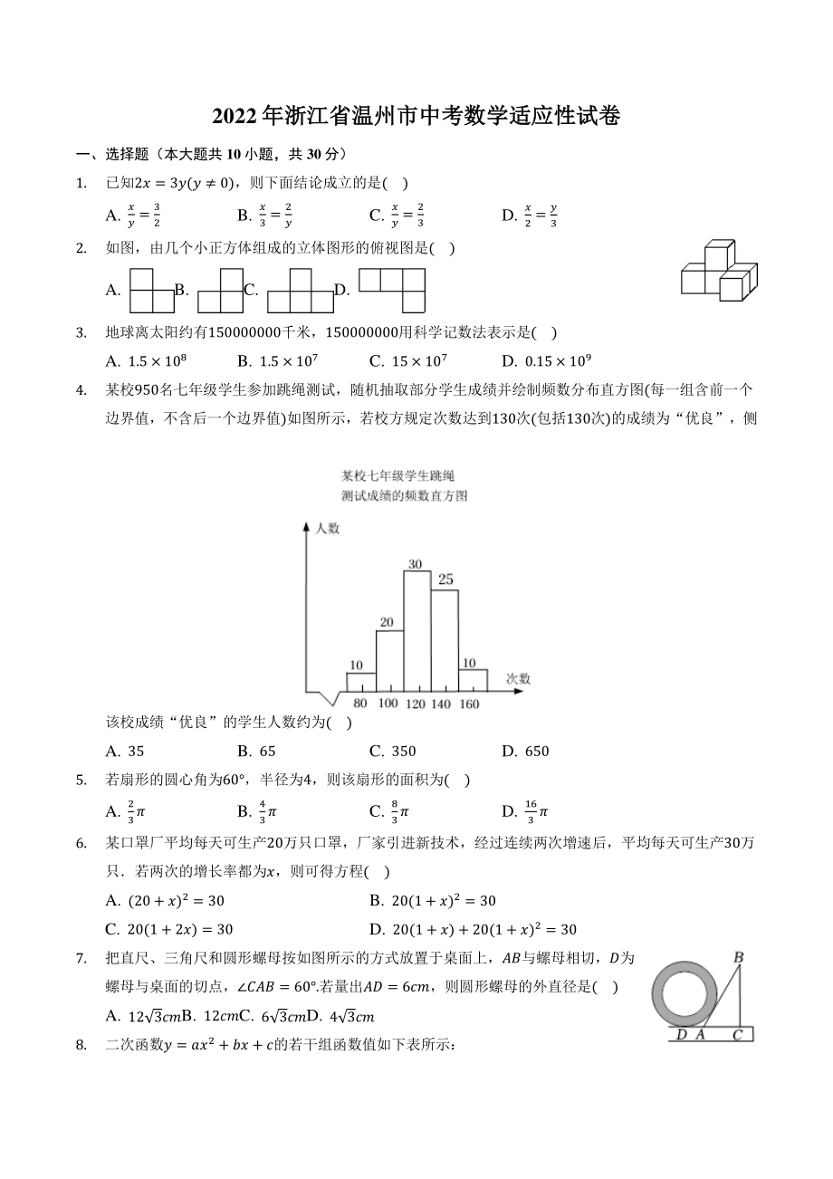 2022年浙江省温州市中考数学适应性试卷（二）含答案解析_第1页