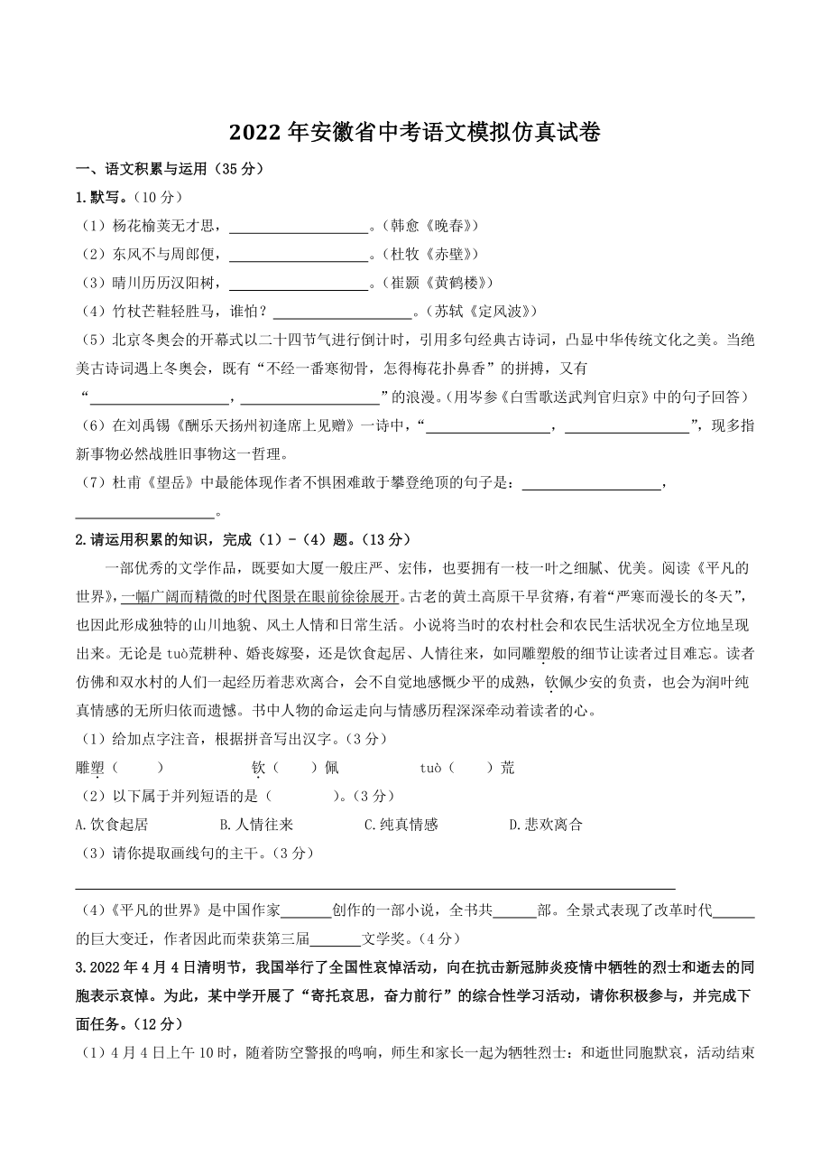 2022年安徽省中考语文模拟仿真试卷（含答案解析）_第1页