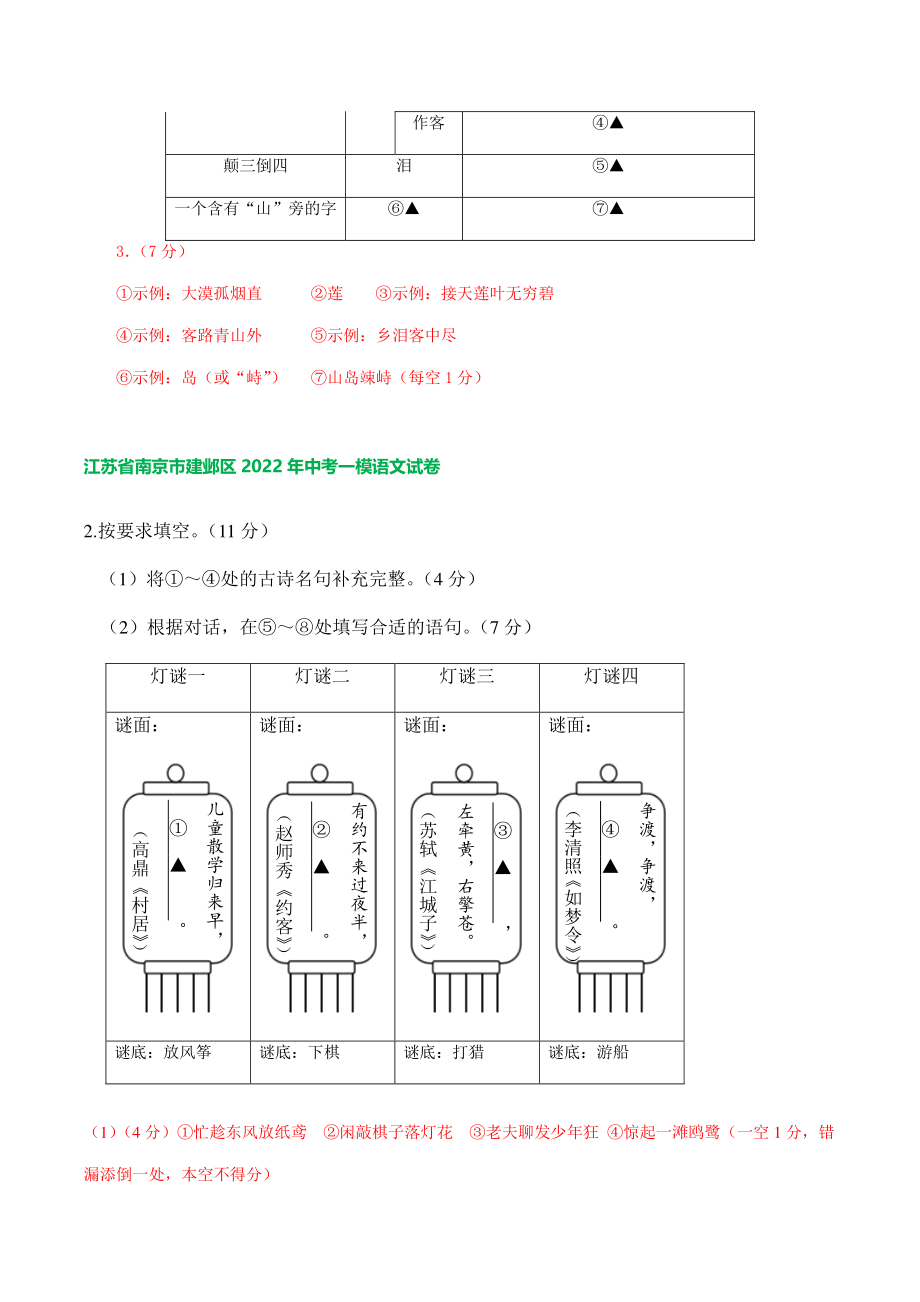 2022年江苏省南京市中考语文模拟试卷分类汇编：默写（含答案）_第2页
