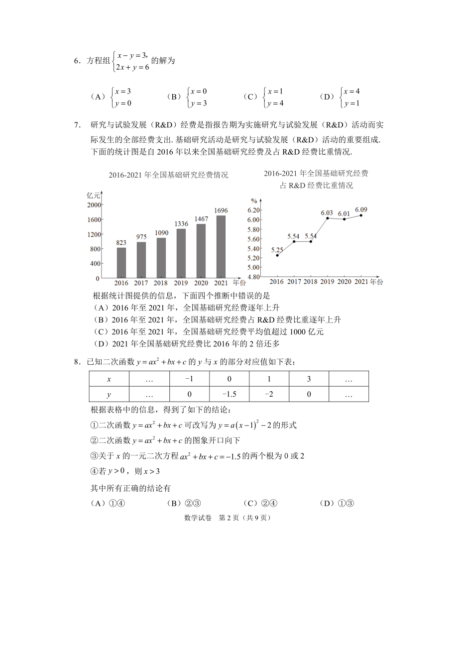 2022北京市石景山中考数学一模试卷_第2页