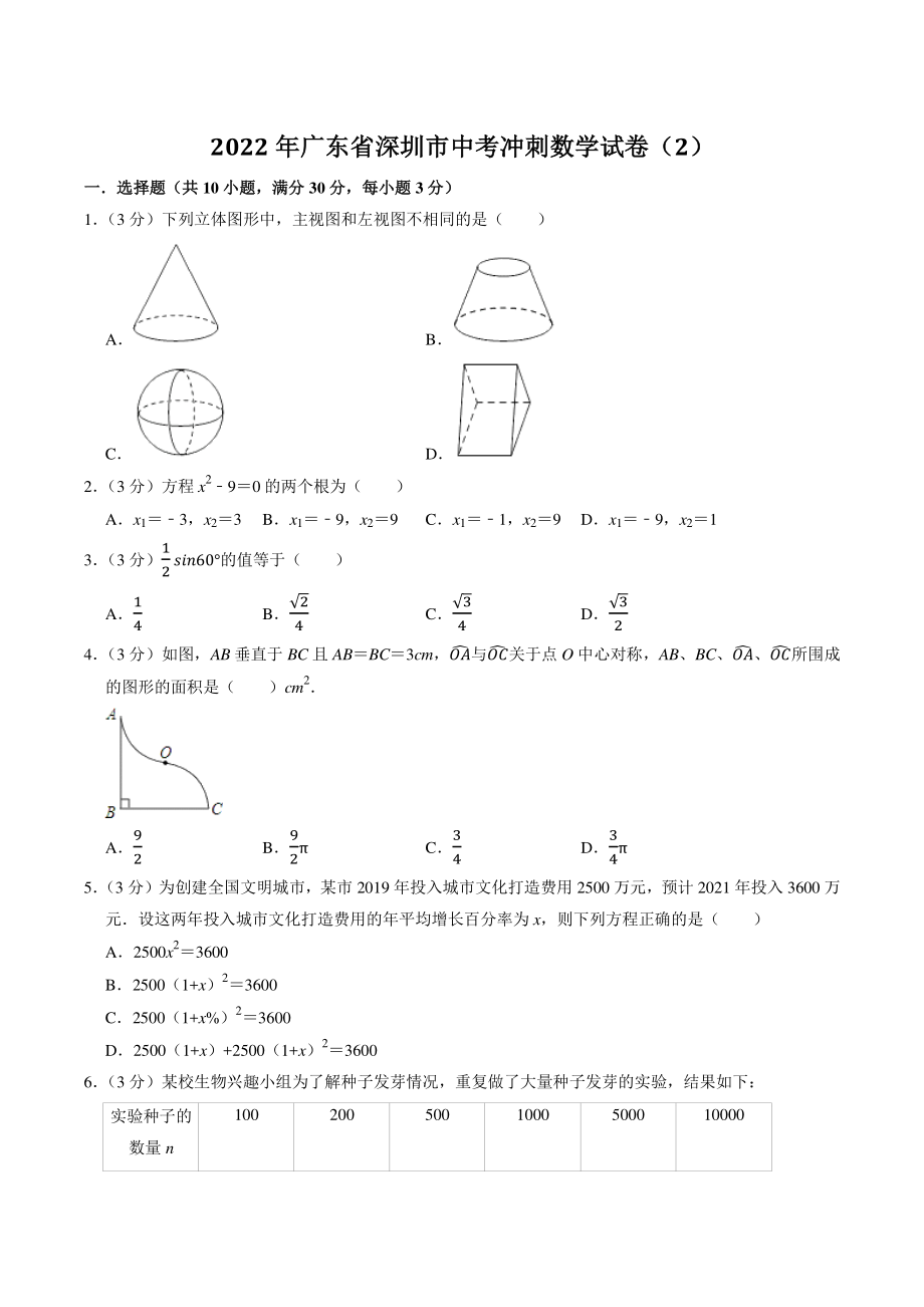 2022年广东省深圳市中考冲刺数学试卷（2）含答案解析_第1页