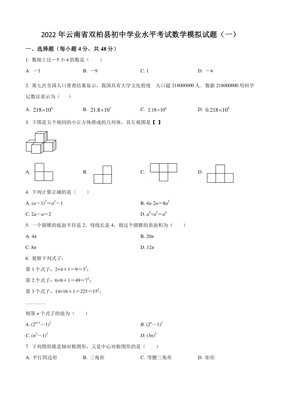 2022年云南省双柏县初中学业水平考试数学模拟试卷（一）含答案解析_第1页