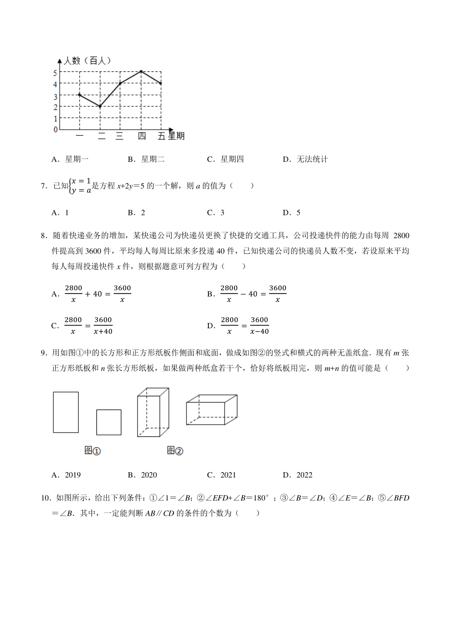2022年浙江省杭州市七年级下数学期末复习试卷（2）含答案解析_第2页