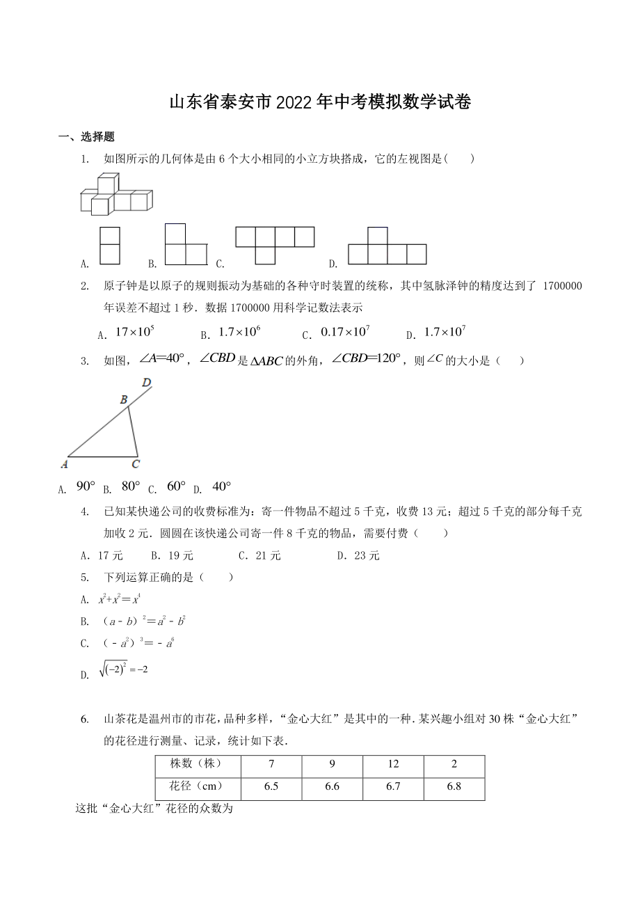 2022年山东省泰安市中考模拟数学试卷（含答案）_第1页