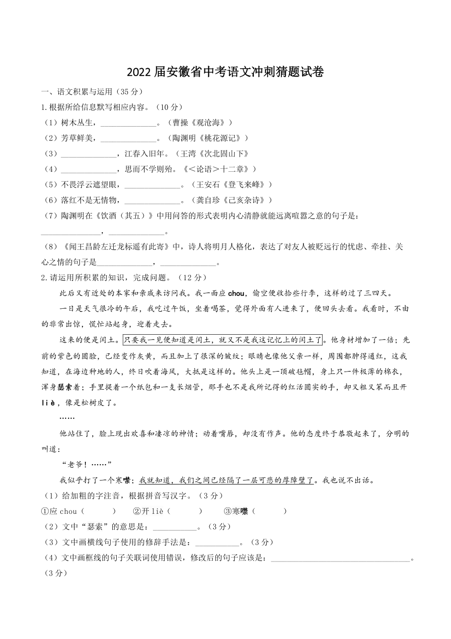 2022届安徽省中考语文冲刺猜题试卷（含答案解析）_第1页