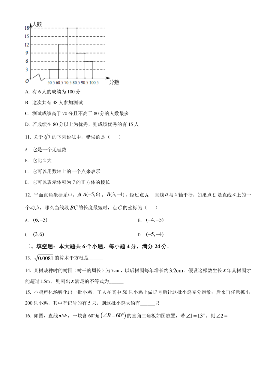 山东省滨州市邹平市2021年七年级下期末数学试卷（含答案解析）_第3页