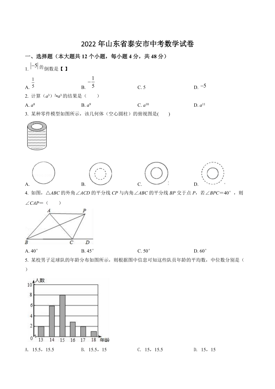 2022年山东省泰安市中考数学试卷（含答案解析）_第1页