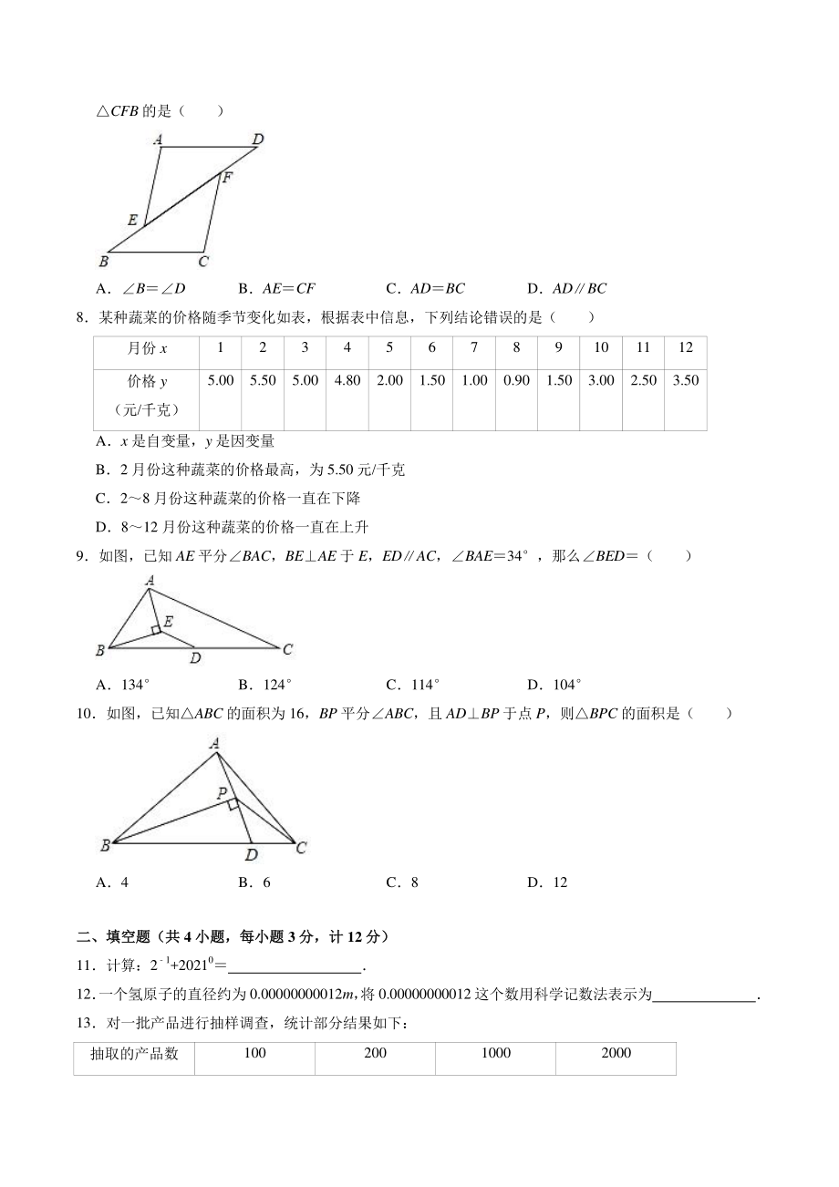 2021年陕西省咸阳市渭城区七年级下期末数学试卷（含答案）_第2页