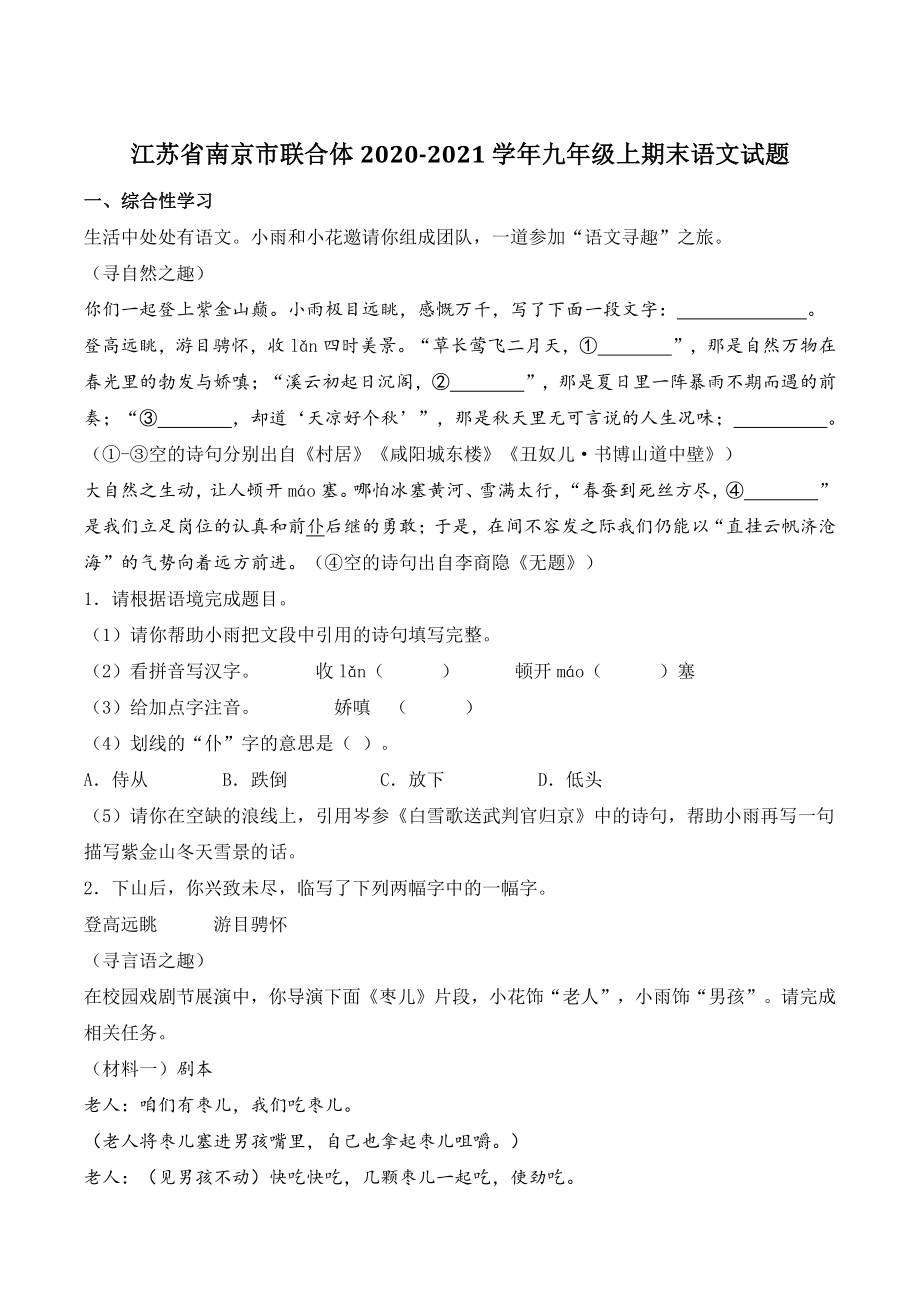 江苏省南京市联合体2020-2021学年九年级上期末语文试卷（含答案）_第1页
