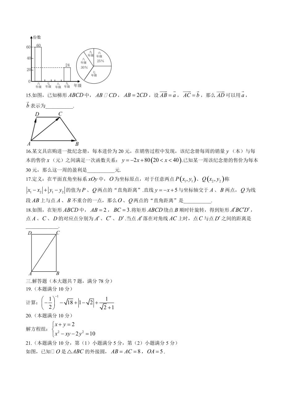 2022年上海市松江区中考二模数学试卷（含答案）_第2页