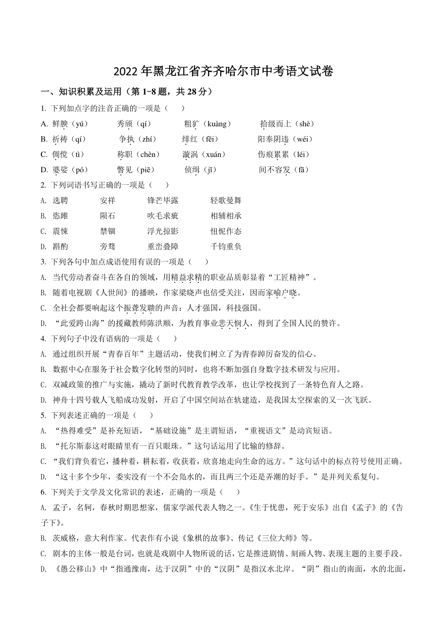 2022年黑龙江省齐齐哈尔市中考语文试卷（含答案解析）_第1页